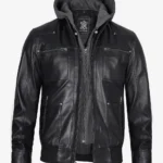 Black Leather Bomber Jacket for Men Detachable Hood