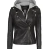Women Black Leather Detachable Hood Jacket
