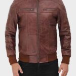 Brown leather biker bomber jacket for men