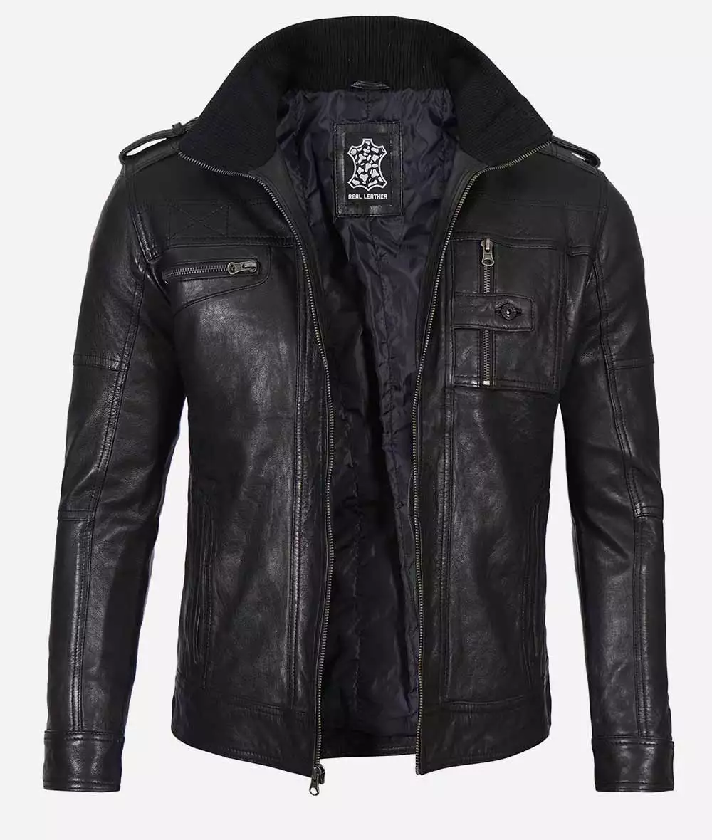 Mens Black Washed Leather Biker Jacket