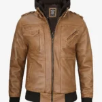 Men’s Stylish Camel Brown Leather Bomber Jacket – Removable Hood
