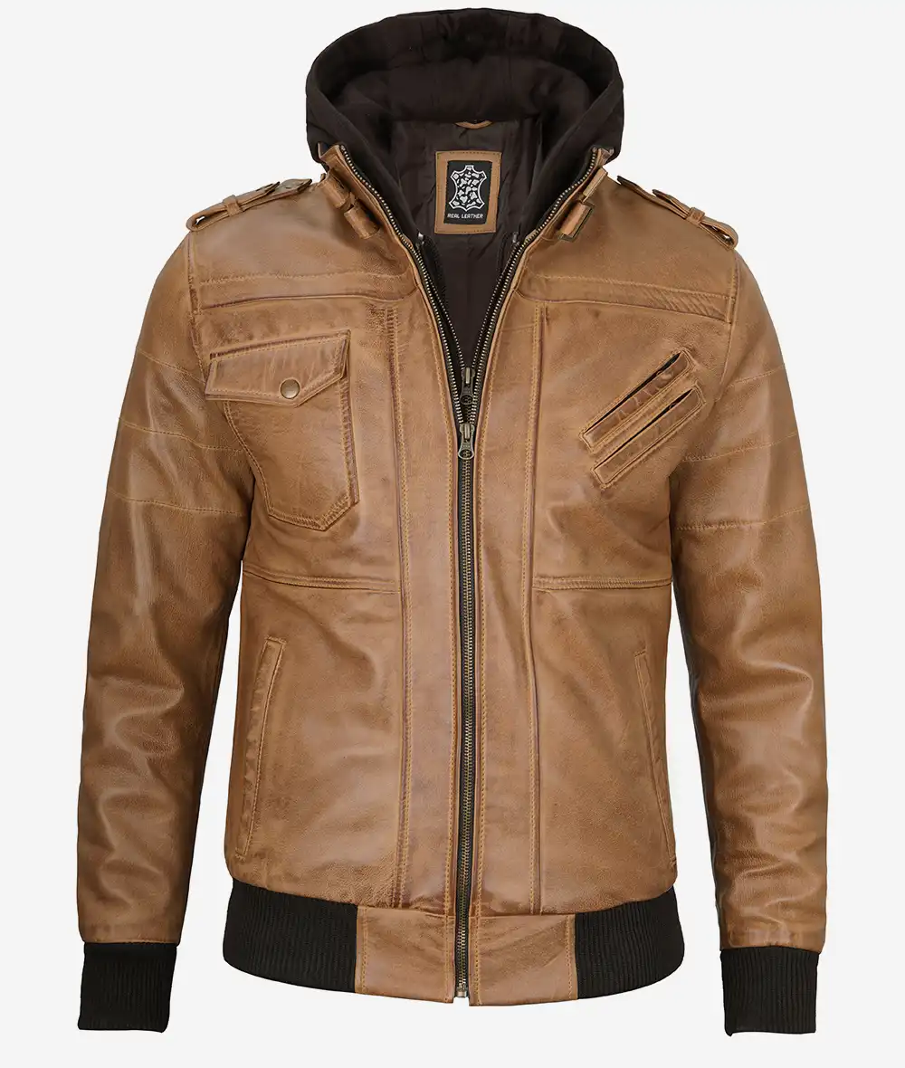Camel Brown Leather Bomber Jacket