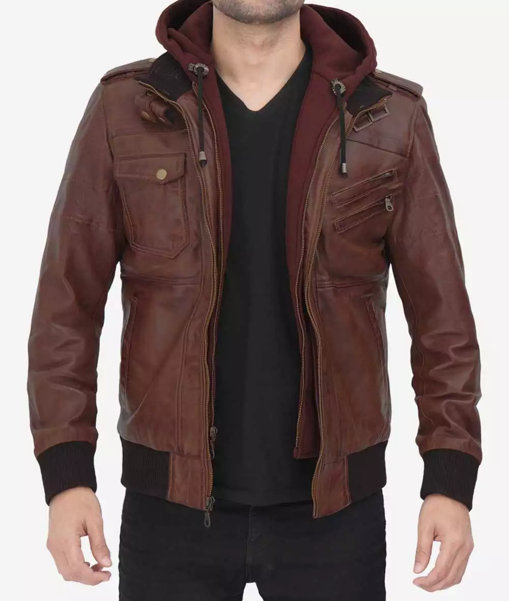 Dark Brown Leather Bomber Jacket