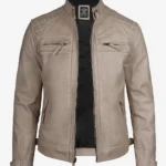 Warm Beige Leather Cafe Racer Jacket – Men's Quilted Style