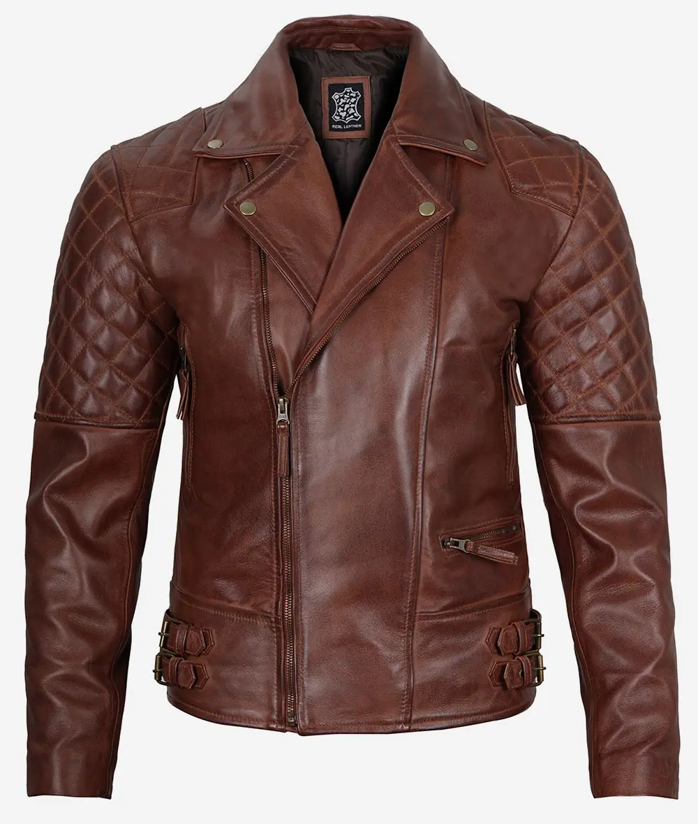 Mens Cognac Leather Motorcycle Jacket