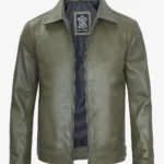Mens Classic Shirt Collar Olive Green Leather Jacket