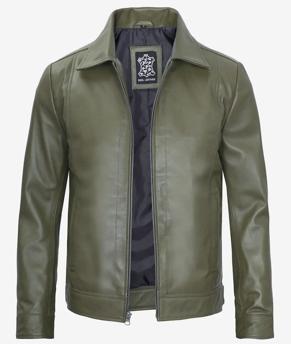 Classic Shirt Collar Olive Green Leather Jacket