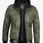 Olive Green Hooded Leather Bomber Jacket for Men
