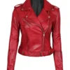 Women Classic Red Biker Leather Jacket