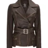 Distressed Brown Asymmetrical Leather Jacket with Belt