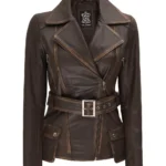 Distressed Brown Asymmetrical Leather Jacket with Belt
