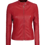 Womens Red Cafe Racer Jacket – Quilted Leather Sleeves