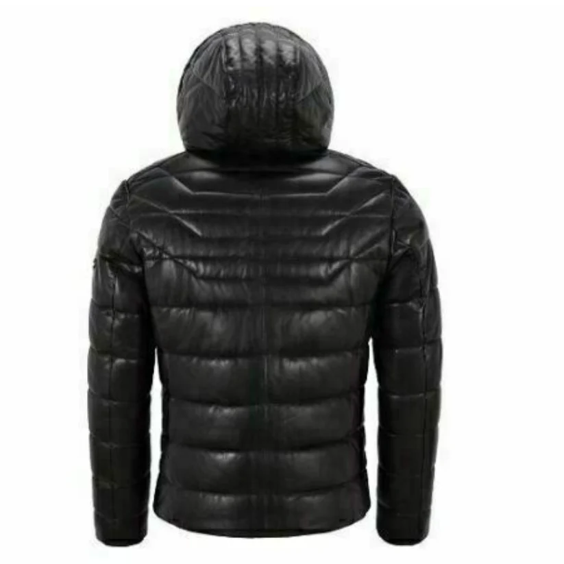 Men Genuine Lambskin Leather Puffer Hooded Black Jacket