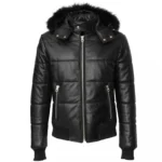 BLack Leather Winter Puffer Jacket Hood and Fur