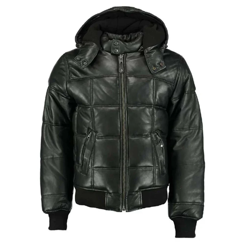 Mens Black Real Quilted Puffer Leather Jacket
