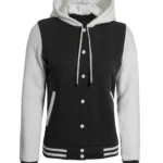 Womens Black And White Letterman Hooded Varsity Jacket