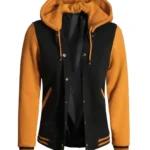 Womens Black and Yellow Varsity Jacket With Hood