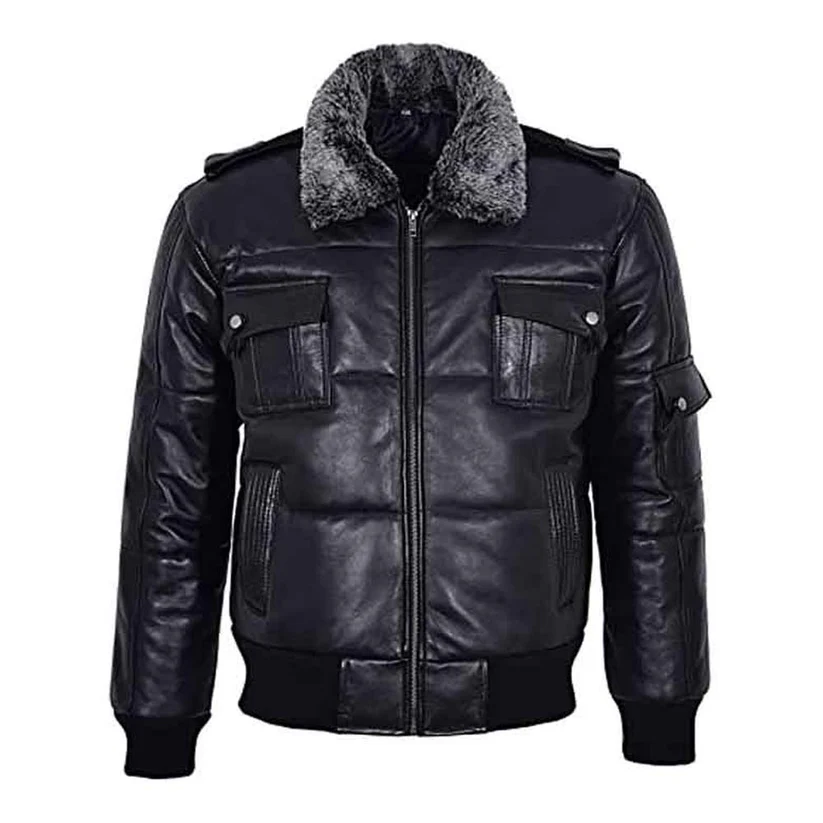 Mens Genuine Black Fur Puffer Leather Jacket