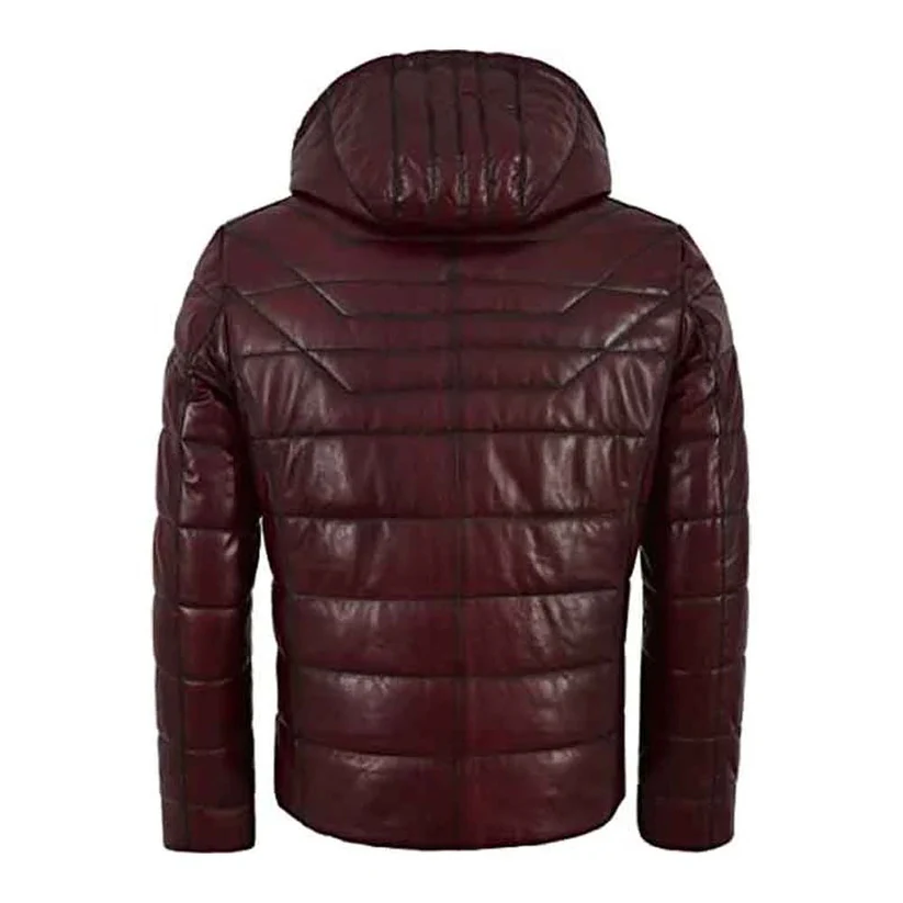 Mens Maroon Puffer Hooded Leather Jacket