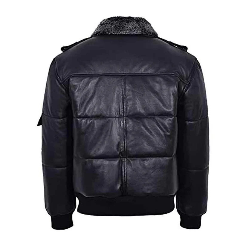 Mens Genuine Black Fur Puffer Leather Jacket