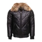 Mens Black Bomber Puffer Leather Jacket Fur Collar
