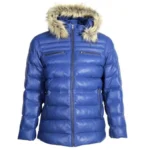Mens Puffer Leather Jacket Fur Hoodie Blue
