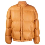 Leather Puffer Jacket Dark Camel Mens