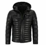 Men Genuine Lambskin Leather Puffer Hooded Black Jacket