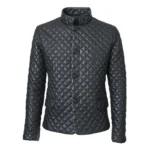 Mens Black Leather Puffer Jacket Diamond Quilted