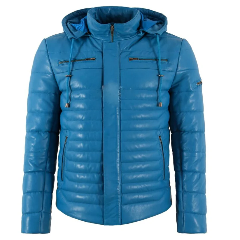 Men's Puffer Hooded Real Leather Jacket