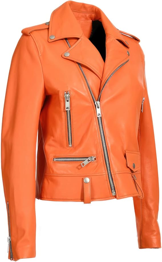 Women’s Orange Biker Leather Jacket
