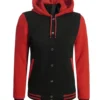 Womens Black And Red Hooded Baseball Varsity Jacket