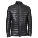 Black Leather Puffer Winter Jacket
