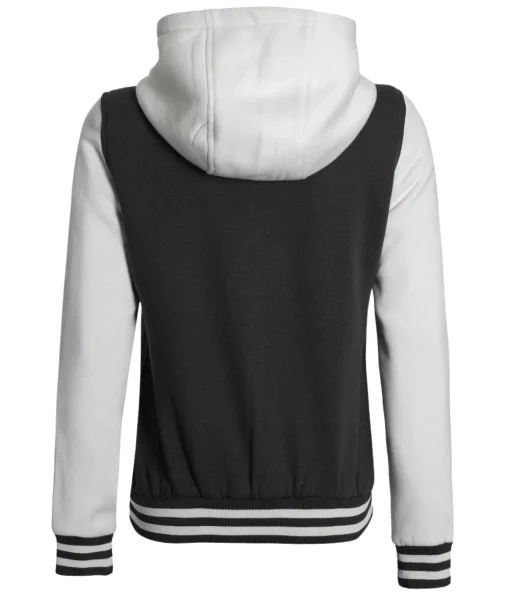 Womens Black And White Letterman Hooded Varsity Jacket