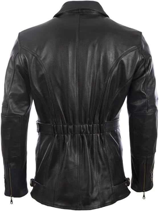 Mens Black Leather Belted Motorcycle Coat