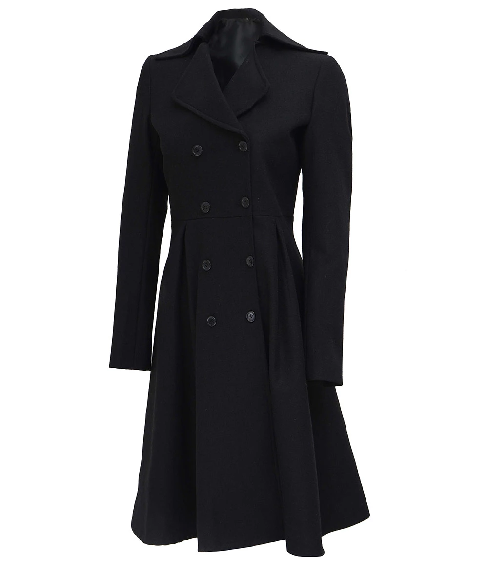 Womens Black Double Breasted Wool Trench Coat