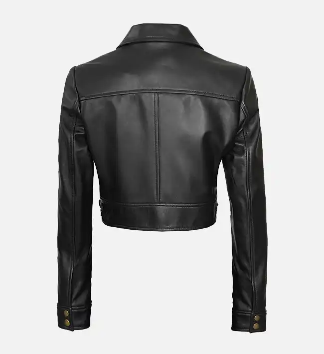 Women Cropped Black Leather Trucker Jacket