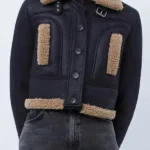 Women Cropped Black Shearling Leather Jacket
