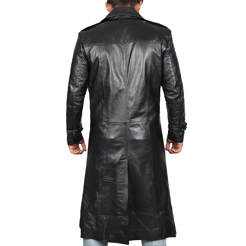 Men Black Trench Distressed Leather Coat
