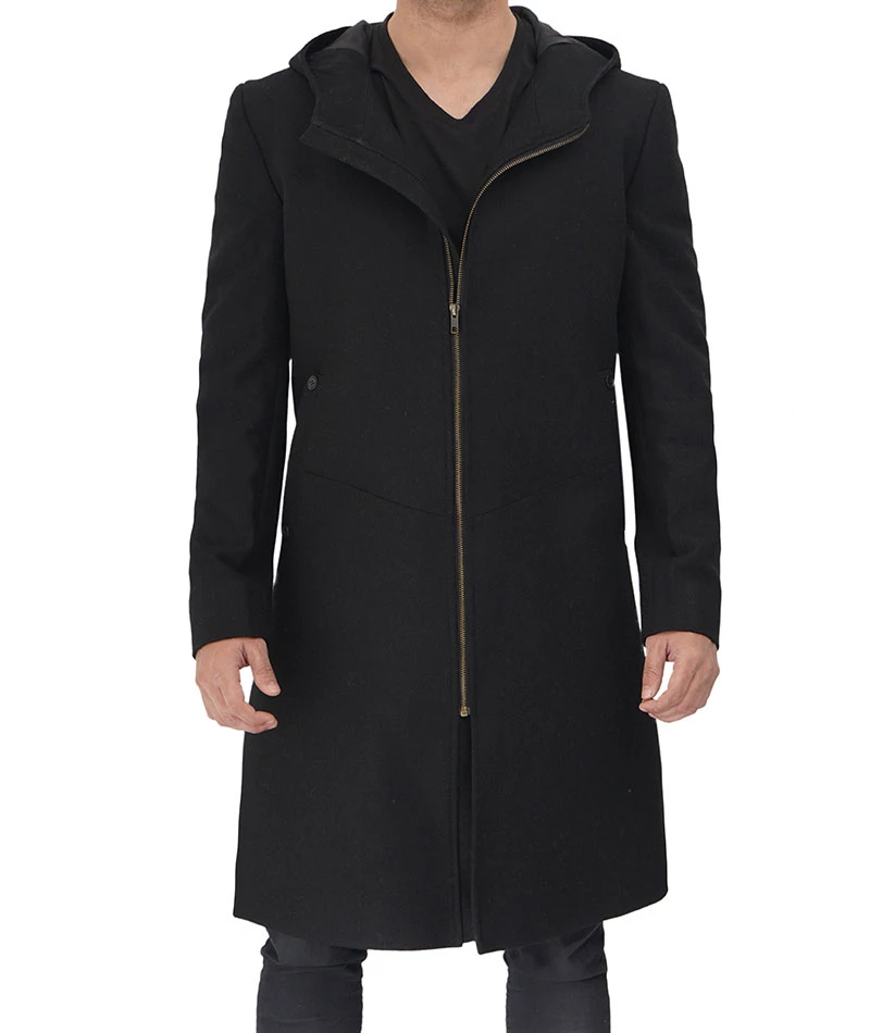 Mens Black Wool Hooded Coat