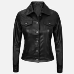 Women Black Trucker Leather Jacket