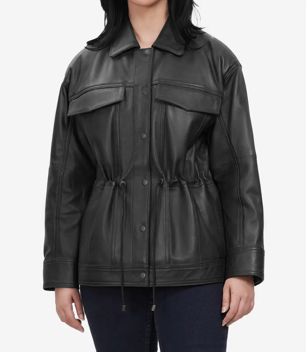 Womens Black Oversized Leather Trucker Jacket