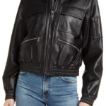 Womens Black Tall Leather Bomber Spread jacket