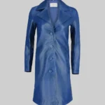 Womens Minimalist Blue Leather Trench Coat