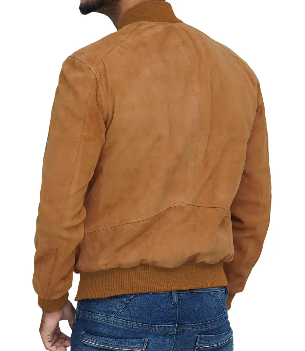 Men Light Brown Suede Bomber Jacket
