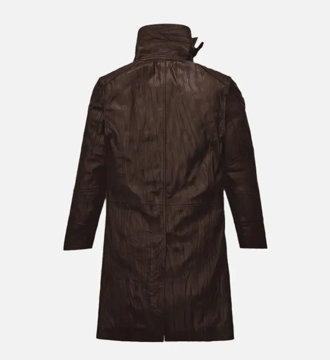 Men Wrinkled Brown Leather Long Coat