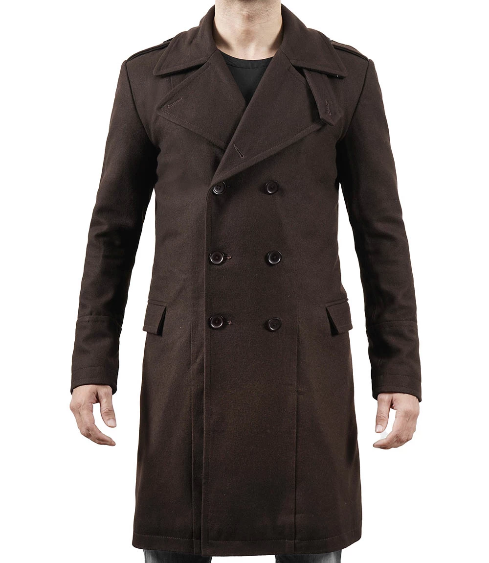 Men Double Breasted Chocolate Brown Wool Coat