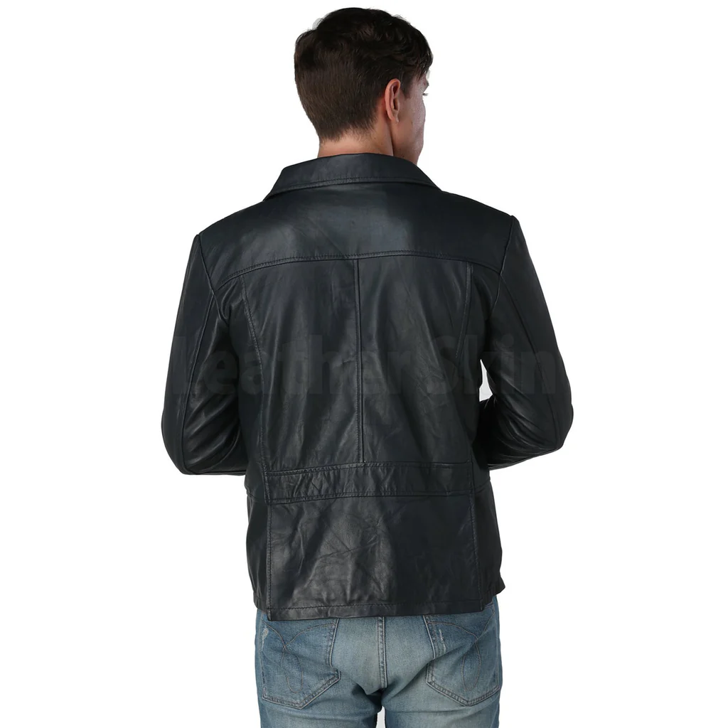 Men Navy Blue Leather Blazer