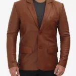 Men Cognac Brown Two Button Leather Blazer