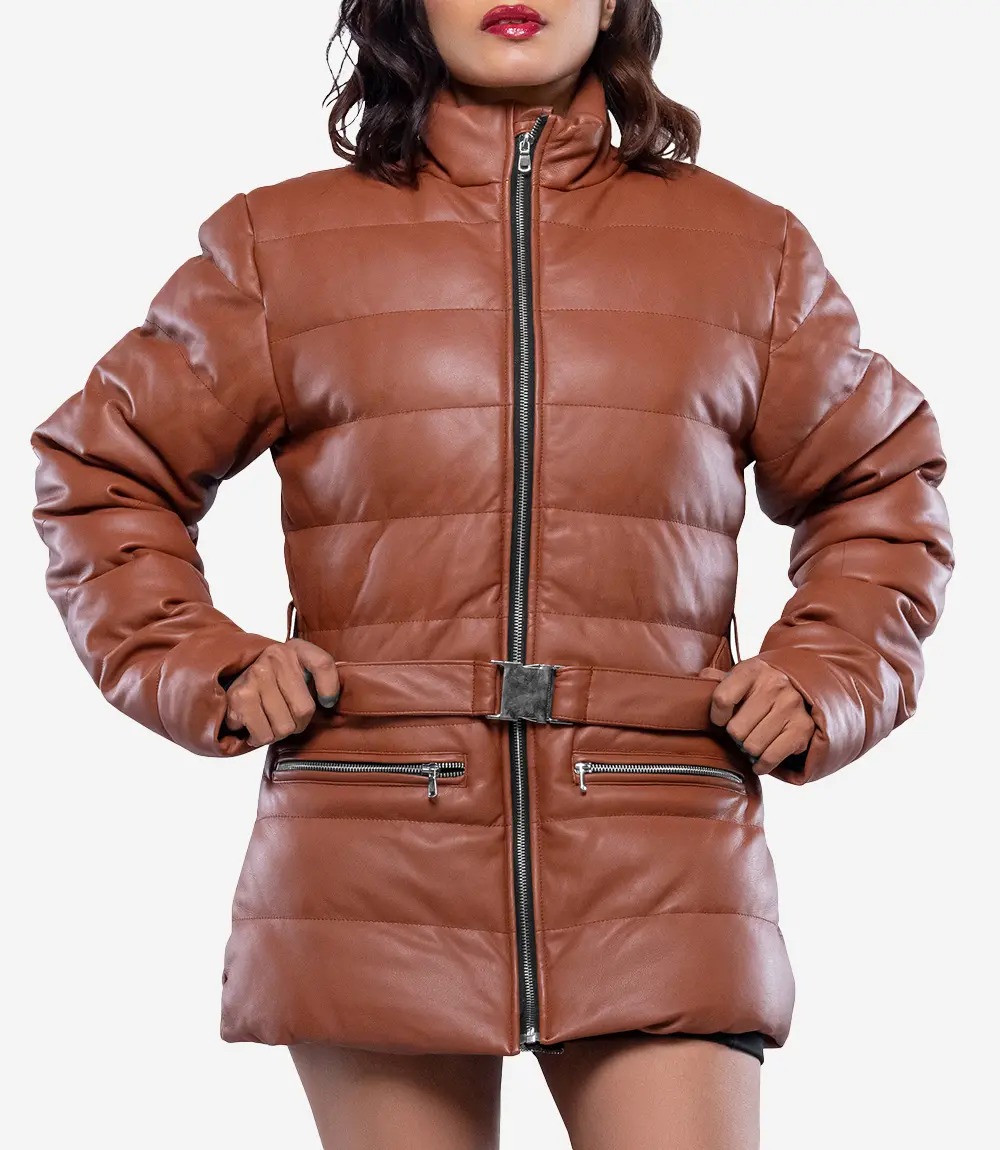 Womens Robin Leather Cognac Puffer Jacket